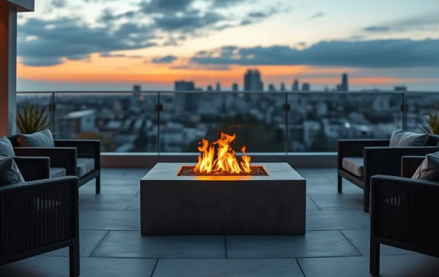 Fogata de gas cuadrado encendido en una terraza con vista a la ciudad al atardecer.