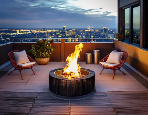 Fogata par Terraza en azotea moderna con sillas y pozo de fuego, vista nocturna de la ciudad iluminada.