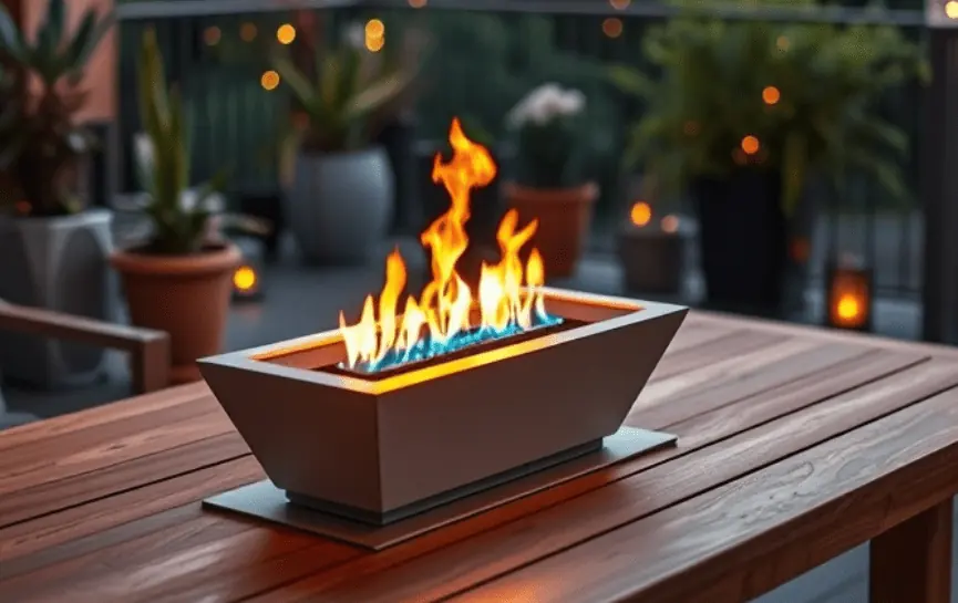 Fogatas de alcohol de mesa rectangular con llamas en una terraza decorada con plantas, al atardecer.