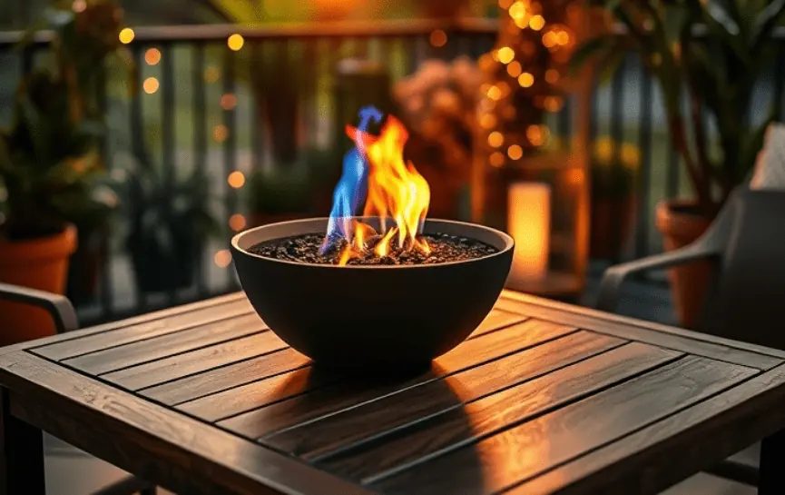 Fogata de alcohol de mesa con llamas de colores al atardecer, rodeado de plantas decorativas.