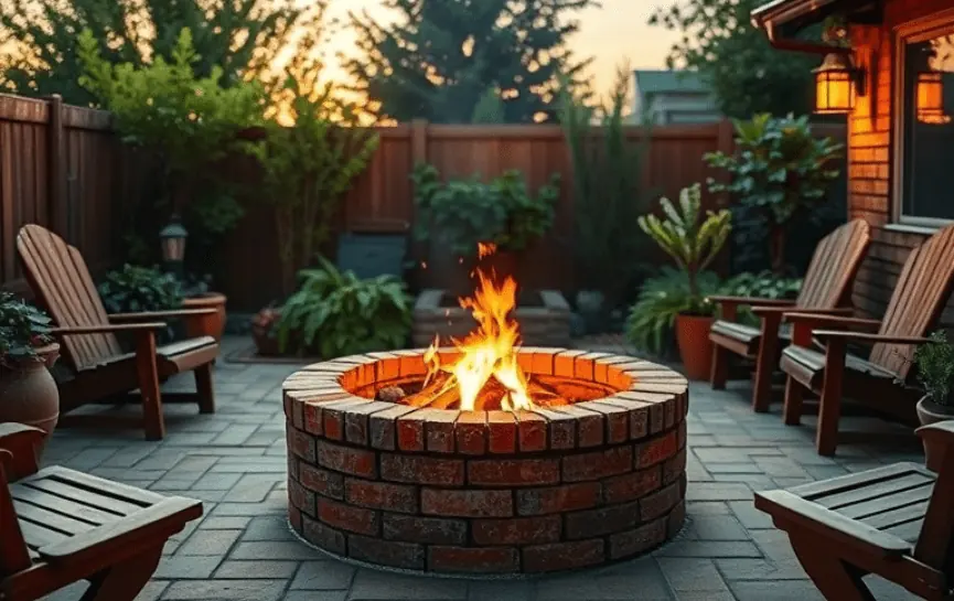 Fogatas de ladrillos encendida en un patio al atardecer, rodeado de sillas de madera y plantas decorativas. Fogón de ladrillo encendido. "ladrillo fogatas de jardin"