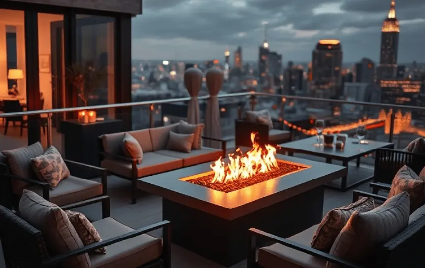 Terraza moderna en azotea con sofás y mesa de fuego iluminada, vista panorámica de la ciudad al atardecer.